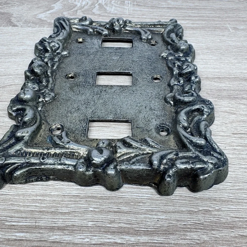 Ornate Brass Tone Triple Light Switch Cover Vintage Heavy Cast Metal Wall Plate